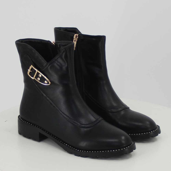 vivorosa Shoes - Women’s Buckle Detail Ankle Boot in Black Faux Leather - Size 37 / US 6